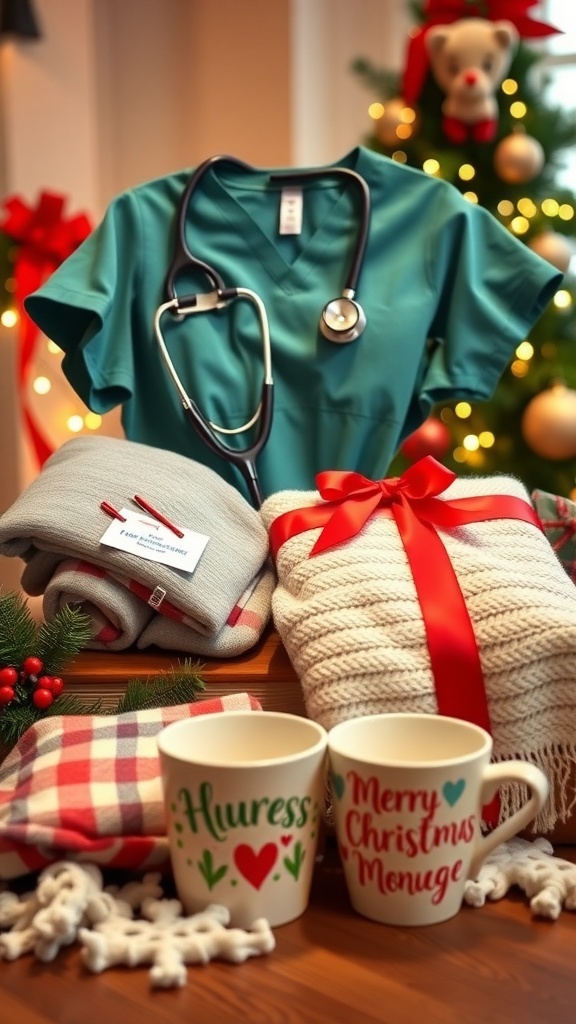 A selection of Christmas gifts for nurses including scrubs, stethoscope, coffee mug, and cozy blanket.